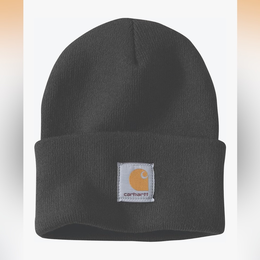 Carhartt Black Knit Cuffed Beanie with Orange Logo Patch